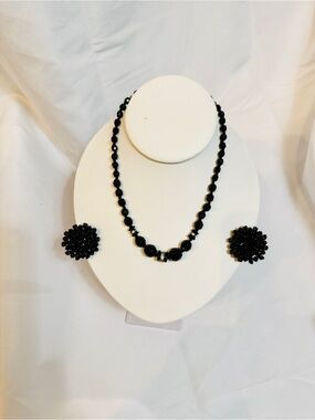 Germany Jewelry Necklace 16 Adjustable & Clip On Earrings Black Vintage Signed